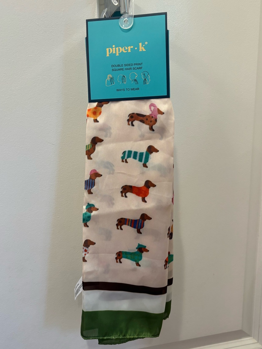 NWT Piper K Dachshund Print Hair, neck & bag Scarf - White and Green